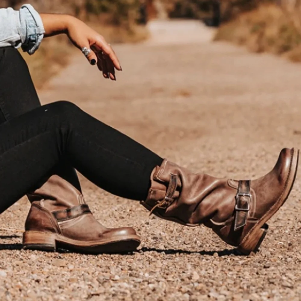 Freebird by Steven Crosby Slouch Leather Buckle Boots 6 - Picture 5 of 16